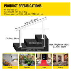 Outdoor Stair Railing Kit, 5 FT Handrails 0-5 Steps, Adjustable Angle White Aluminum Stair Hand Rail for The Elderly, Handrails for Outdoor Steps