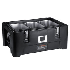 Insulated Food Pan Carrier, 36Qt Capacity, Stackable Catering Hot Box with 3 Stainless Steel Pans, Top Load LLDPE Food Warmer with Elastic Side Handles and Buckles, for Restaurant Canteen, Black