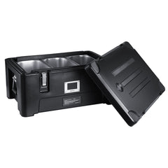 Insulated Food Pan Carrier, 36Qt Capacity, Stackable Catering Hot Box with 3 Stainless Steel Pans, Top Load LLDPE Food Warmer with Elastic Side Handles and Buckles, for Restaurant Canteen, Black