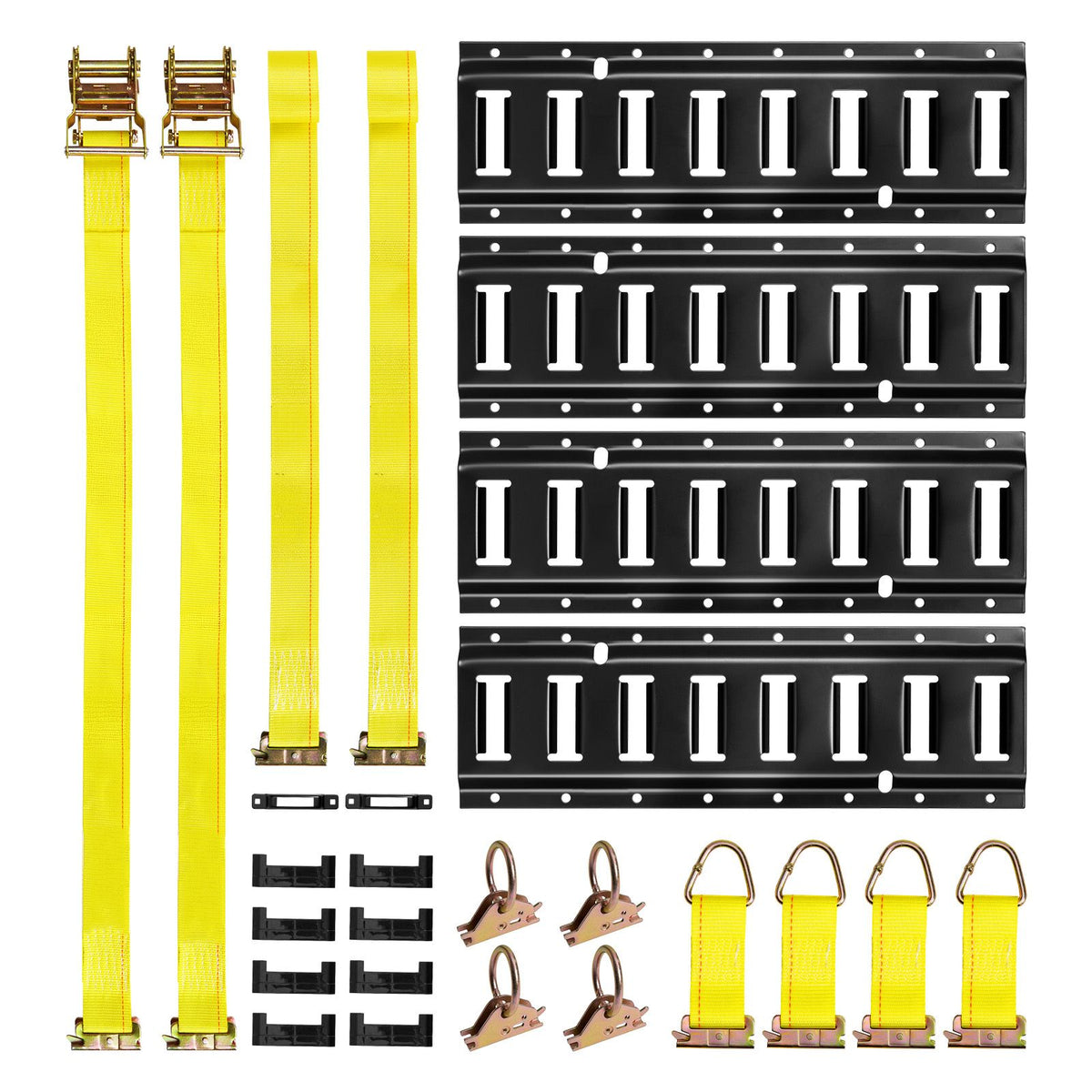 E-Track Tie-Down Rail Kit, 4 Pack 0.4 m E Tracks Set, 21 Pcs Includes 2 Ratchet Straps & 4 O-Rings & 4 Tie-Offs with D-Ring & 2 Single Slots & 8 End Caps & 1 Bag, Fit for Garages Vans Trailers