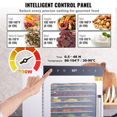 10 Trays Food Dehydrator Machine Stainless Steel 800W Jerky Fruit Drying