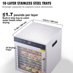 10 Trays Food Dehydrator Machine Stainless Steel 800W Jerky Fruit Drying