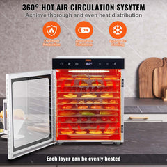 10 Trays Food Dehydrator Machine Stainless Steel 800W Jerky Fruit Drying