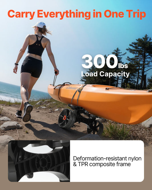 Kayak Cart, 136.1 kg Load Capacity, Foldable Kayak Trolley with 25.4 cm Solid Rubber Tires & 1 Ratchet Strap, Paddle Board Trolley for Carrying Kayaks, Canoes, Paddleboards, Float Mats,Jon Boats
