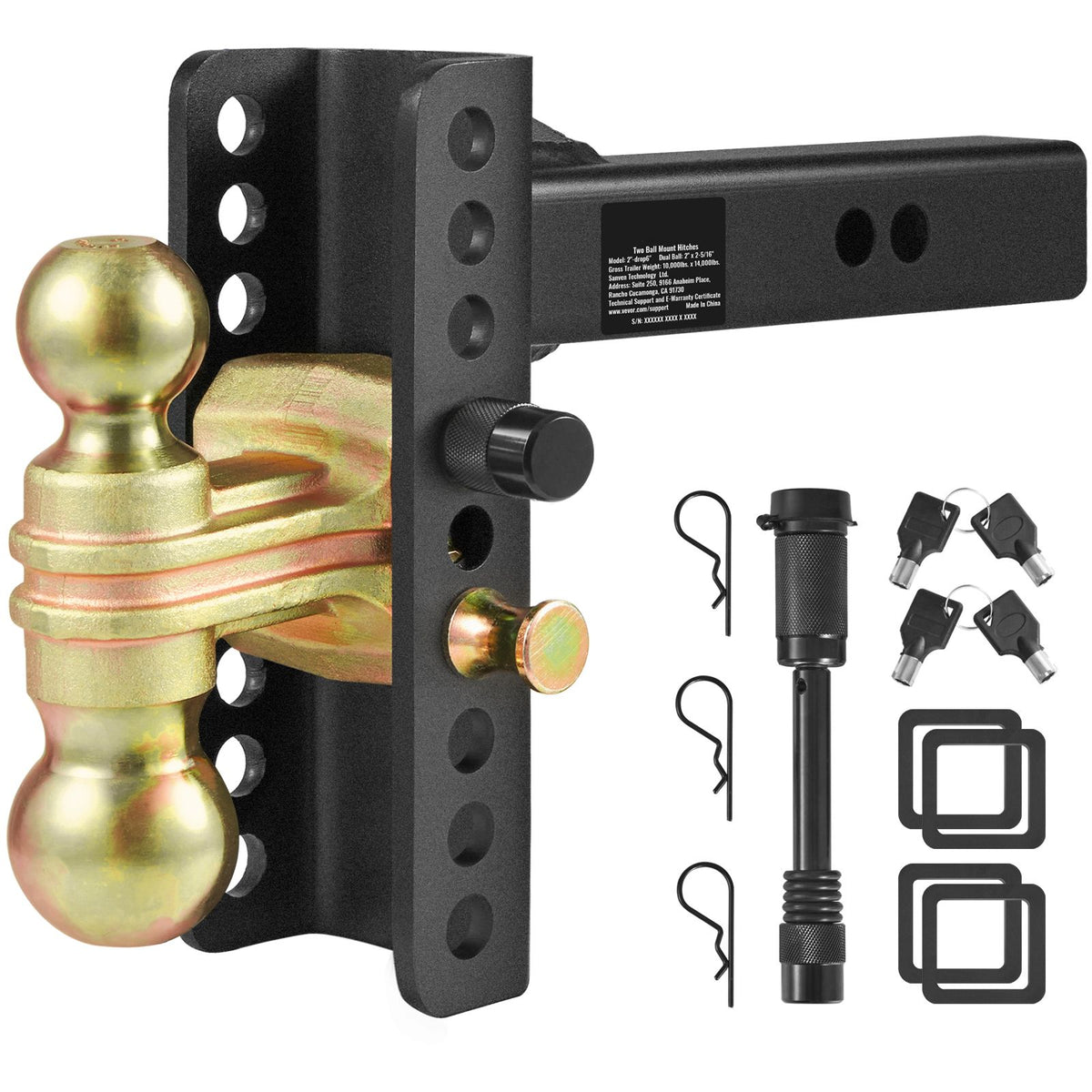 Adjustable Trailer Hitch, 152.4 mm Drop & 114.3 mm Rise Hitch Ball Mount with 50.8 mm Receiver, Solid Tube, 6350 kg GTW, 50.8 mm and 58.7 mm 45# Steel Tow Balls with Key Lock for Truck Towing