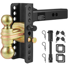 Adjustable Trailer Hitch, 152.4 mm Drop & 114.3 mm Rise Hitch Ball Mount with 50.8 mm Receiver, Solid Tube, 6350 kg GTW, 50.8 mm and 58.7 mm 45# Steel Tow Balls with Key Lock for Truck Towing