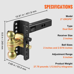 Adjustable Trailer Hitch, 152.4 mm Drop & 114.3 mm Rise Hitch Ball Mount with 50.8 mm Receiver, Solid Tube, 6350 kg GTW, 50.8 mm and 58.7 mm 45# Steel Tow Balls with Key Lock for Truck Towing