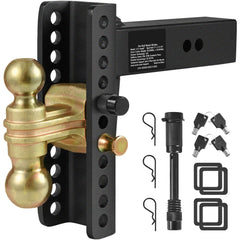 Adjustable Trailer Hitch, 203.2 mm Drop & 165.1 mm Rise Hitch Ball Mount with 63.5 mm Receiver, Solid Tube, 6577 kg GTW, 50.8 mm & 58.7 mm 45# Steel Tow Balls with Key Lock for Truck Towing