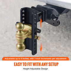 Adjustable Trailer Hitch, 203.2 mm Drop & 165.1 mm Rise Hitch Ball Mount with 63.5 mm Receiver, Solid Tube, 6577 kg GTW, 50.8 mm & 58.7 mm 45# Steel Tow Balls with Key Lock for Truck Towing