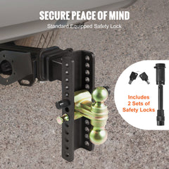 Adjustable Trailer Hitch, 25 cm Drop & 21.59 cm Rise Hitch Ball Mount with 6.35 cm Receiver Solid Tube, 6577 kgs GTW, 5.08 cm & 5.08-0.79 cm 45# Steel Tow Balls with Key Lock for Truck Towing