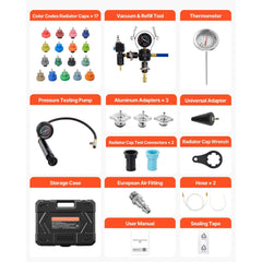 Coolant Pressure Tester Kit, 47Pcs Radiator Vacuum Refill Kit with 3 Metal Adapters, Universal Fit, Automotive Cooling System Pressure Tester Tool, with Pressures Pump & Plastic Filler
