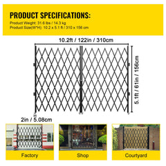 Double Folding Security Gate Folding Door Gate 5.1' H x 10.2' W Scissor Gate