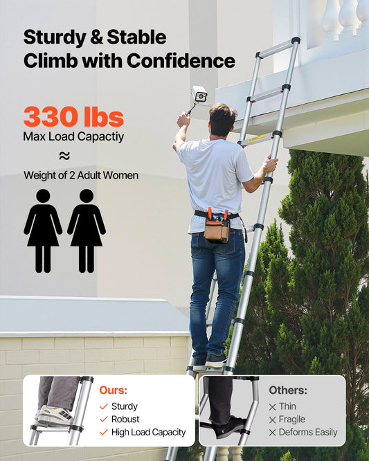 3.8m Telescoping Ladder, Aluminum Lightweight Multi-Purpose Collapsible Extension, One-Touch Retraction Ladder, Heavy Duty 150kg Max Capacity with Non-Slip Feet, for Home, Outdoor Work, Loft