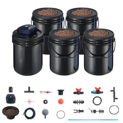 RDWC Hydroponics Grow System, Hydroponic Growing Kit with Top Drip, Recirculating Deep Water Culture 4 Buckles and 1 Reservoir, with Air Pump and Water Level Device for Leafy Vegetables