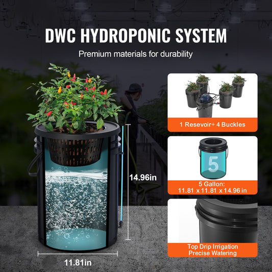 RDWC Hydroponics Grow System, Hydroponic Growing Kit with Top Drip, Recirculating Deep Water Culture 4 Buckles and 1 Reservoir, with Air Pump and Water Level Device for Leafy Vegetables