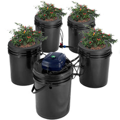 RDWC Hydroponics Grow System, Hydroponic Growing Kit with Top Drip, Recirculating Deep Water Culture 4 Buckles and 1 Reservoir, with Air Pump and Water Level Device for Leafy Vegetables