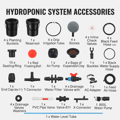 RDWC Hydroponics Grow System, Hydroponic Growing Kit with Top Drip, Recirculating Deep Water Culture 4 Buckles and 1 Reservoir, with Air Pump and Water Level Device for Leafy Vegetables
