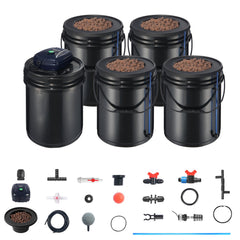 RDWC Hydroponics Grow System, Hydroponic Growing Kit with Top Drip, Recirculating Deep Water Culture 4 Buckles and 1 Reservoir, with Air Pump and Water Level Device for Leafy Vegetables
