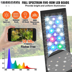 Aquarium Light, 48W Full Spectrum Fish Tank Light with 24/7 Natural Mode, Adjustable Timer & 5-Level Brightness, with Aluminum Alloy Shell Extendable Brackets for 48"-54" Freshwater Planted Tank