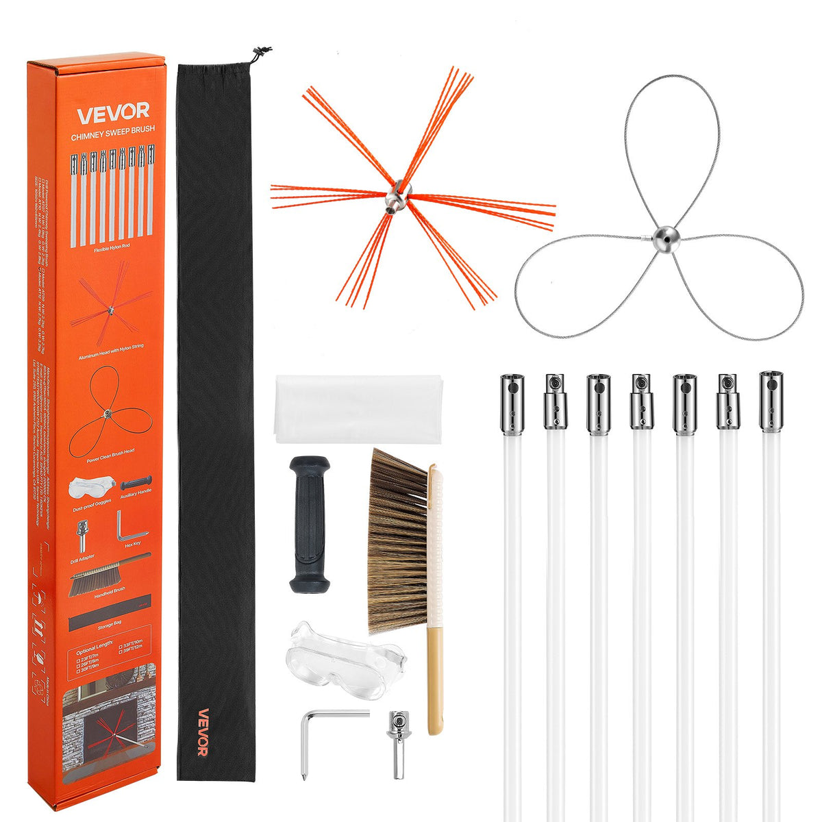 Chimney Sweep Kit, 7m Maximum Extendable Length Chimney Brush, Chimney Cleaner Sweeper with Dual Brush Heads, Brush & Goggles, Fireplace Cleaning Tool for Square, Rectangle, Arch Chimneys