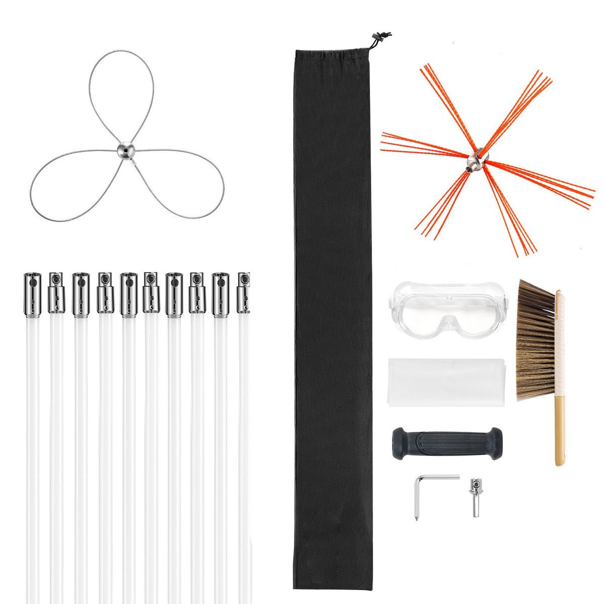 Chimney Sweep Kit, 10m Maximum Extendable Length Chimney Brush, Chimney Cleaner Sweeper with Dual Brush Heads, Brush & Goggles, Fireplace Cleaning Tool for Square, Rectangle, Arch Chimneys