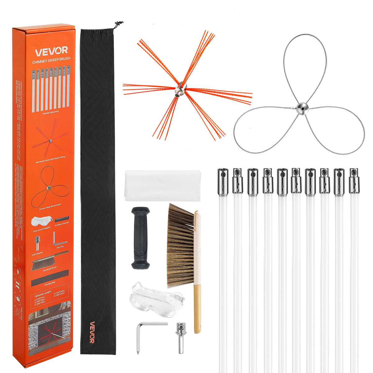 Chimney Sweep Kit, 10m Maximum Extendable Length Chimney Brush, Chimney Cleaner Sweeper with Dual Brush Heads, Brush & Goggles, Fireplace Cleaning Tool for Square, Rectangle, Arch Chimneys