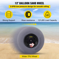 Beach Balloon Wheels, 13" Sand Tires with 32" Stainless Steel Axle, TPU Cart Tires for Kayak Dolly, Canoe Cart and Buggy with Air Pump, 2-Pack