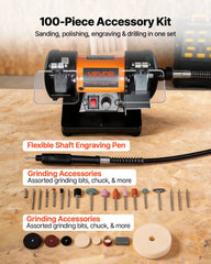 Bench Buffer Polisher, 8300-10600 RPM Adjustable Speed, Polishing & Buffing Machine with Grinding, Fiber, and Wool Wheels, 100-Piece Accessory Kit, for Jewelry, Wood, Metal, Raw Stone, Jade DIY