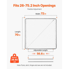 Chain Link Fence Gate, 70 x 72 in, Adjustable Chain Link Fence Panel, Fit 3 ft (W) x 4 ft (H) Garden Fence Gate Opening, Rust-Resistant Galvanized Fencing Gate for Farm Posts Not Included