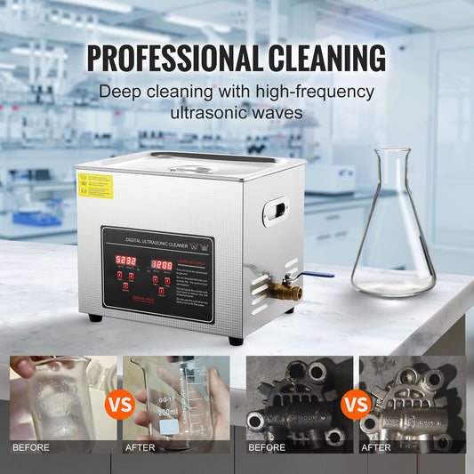 Ultrasonic Cleaner with Digital Timer & Heater, Professional Ultra Sonic Jewelry Cleaner, Stainless Steel Heated Cleaning Machine for Glasses Watch Rings Small Parts Circuit Board (10L)