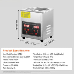 Ultrasonic Cleaner with Digital Timer & Heater, Professional Ultra Sonic Jewelry Cleaner, Stainless Steel Heated Cleaning Machine for Glasses Watch Rings Small Parts Circuit Board (2L)