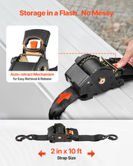 Retractable Ratchet Straps, 50.8 mm x 3 m, Tie Down Straps with S Hooks, 1375 kg Break Strength, 2 Soft Loops, Tie Down Ratcheting for Moving, Trailers, Motorcycles, Kayaks, Car Roof, 2 Pack