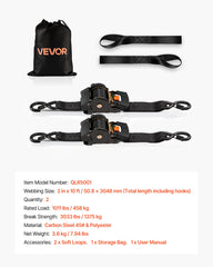 Retractable Ratchet Straps, 50.8 mm x 3 m, Tie Down Straps with S Hooks, 1375 kg Break Strength, 2 Soft Loops, Tie Down Ratcheting for Moving, Trailers, Motorcycles, Kayaks, Car Roof, 2 Pack