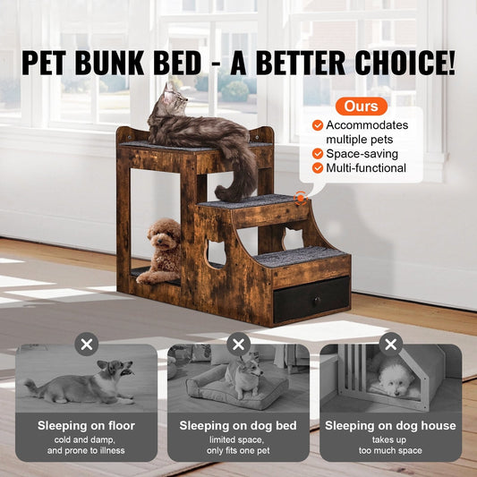 Pet Bunk Bed with Stairs Dog/Cat Window Perch with Storage Indoor Brown