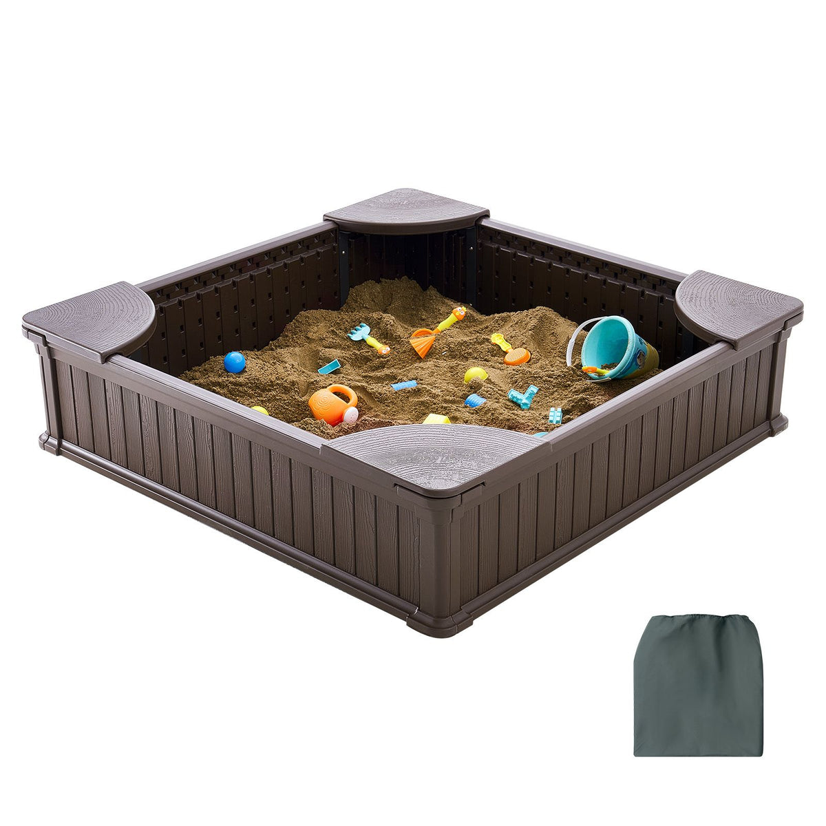 Sandbox with Cover, 48.6x48.6x12.4 in Square Sand Box, HDPE Sand Pit with 4 Corner Seating and Bottom Liner, Kids Sandbox for Outdoor Backyard, Beach, Park, Gift for Boys Girls Ages 3-12, Brown