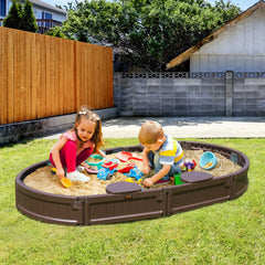 Sandbox with Cover, 72 x 41.5 x 9.1 in Oval Sand Box, HDPE Sand Pit with 4 Corner Seating and Bottom Liner, Kids Sandbox for Outdoor Backyard, Beach, Park, Gift for Boys Girls Ages 3-12, Brown