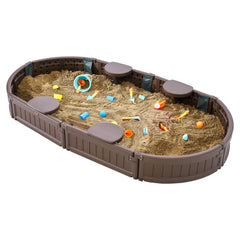 Sandbox with Cover, 72 x 41.5 x 9.1 in Oval Sand Box, HDPE Sand Pit with 4 Corner Seating and Bottom Liner, Kids Sandbox for Outdoor Backyard, Beach, Park, Gift for Boys Girls Ages 3-12, Brown