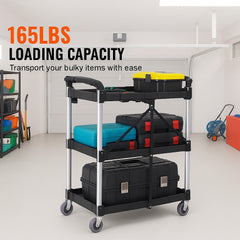 Foldable Utility Service Cart, 3 Shelf 165LBS Heavy Duty Plastic Rolling Cart with Lockable Wheels, Ergonomic Handle, Portable Garage Tool Cart for Warehouse/Office/Home(25.62"x15.43"x32.76")