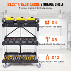 Foldable Utility Service Cart, 3 Shelf 165LBS Heavy Duty Plastic Rolling Cart with Lockable Wheels, Ergonomic Handle, Portable Garage Tool Cart for Warehouse/Office/Home(25.62"x15.43"x32.76")