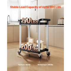 Utility Cart, 300 lbs Load Capacity, 2-tier Utility Plastic Cart with 360° Swivel Wheels (2 with Brakes), 24.4 x 16.1-inch Food Service Cart for Warehouse, Office, Home, Restaurant, Kitchen