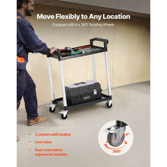 Utility Cart, 300 lbs Load Capacity, 2-tier Utility Plastic Cart with 360° Swivel Wheels (2 with Brakes), 24.4 x 16.1-inch Food Service Cart for Warehouse, Office, Home, Restaurant, Kitchen