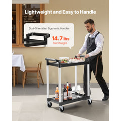 Utility Cart, 300 lbs Load Capacity, 2-tier Utility Plastic Cart with 360° Swivel Wheels (2 with Brakes), 24.4 x 16.1-inch Food Service Cart for Warehouse, Office, Home, Restaurant, Kitchen