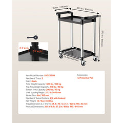 Utility Cart, 300 lbs Load Capacity, 2-tier Utility Plastic Cart with 360° Swivel Wheels (2 with Brakes), 24.4 x 16.1-inch Food Service Cart for Warehouse, Office, Home, Restaurant, Kitchen