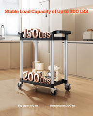 Utility Cart, 300 lbs Load Capacity, 2-tier Utility Plastic Cart with 360° Swivel Wheels (2 with Brakes), 24.4 x 16.1-inch Food Service Cart for Warehouse, Office, Home, Restaurant, Kitchen