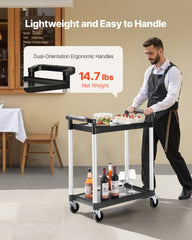 Utility Cart, 300 lbs Load Capacity, 2-tier Utility Plastic Cart with 360° Swivel Wheels (2 with Brakes), 24.4 x 16.1-inch Food Service Cart for Warehouse, Office, Home, Restaurant, Kitchen