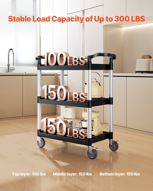 Utility Cart, 300 lbs Load Capacity, 3-tier Utility Plastic Cart with 360° Swivel Wheels (2 with Brakes), 24.4 x 16.1-inch Food Service Cart for Warehouse, Office, Home, Restaurant, Kitchen