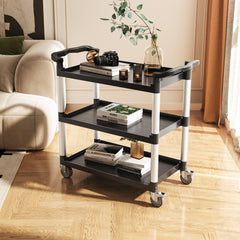 Utility Cart, 300 lbs Load Capacity, 3-tier Utility Plastic Cart with 360° Swivel Wheels (2 with Brakes), 24.4 x 16.1-inch Food Service Cart for Warehouse, Office, Home, Restaurant, Kitchen