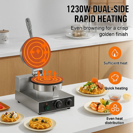 Electric Ice Cream Cone Maker, Commercial 1230W Waffle Cone Machine, Non-Stick Stainless Steel Egg Roll Mold, with Temperature and Time Control, Handle, for Restaurant Bakery Snack Bar Family