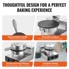 Electric Ice Cream Cone Maker, Commercial 1230W Waffle Cone Machine, Non-Stick Stainless Steel Egg Roll Mold, with Temperature and Time Control, Handle, for Restaurant Bakery Snack Bar Family