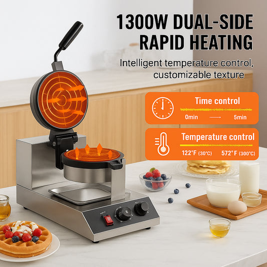Commercial Waffle Maker, 1300W Round Waffle Baker Machine, Non-Stick Stainless Steel Belgian Waffle Iron, Temperature and Time Control, 180° Rotatable, for Restaurant Bakery Snack Bar Family